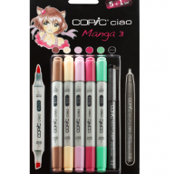 Copic Ciao Manga 3 Манга 5+1 набор маркеров и линер 0.3 мм - Набор маркеров Copic Ciao Hue Colors 5+1 с кистью для рисования (цветные маркеры + линер) Копик Чао купить в художественном магазине Copic.Club с доставкой по РФ и СНГ